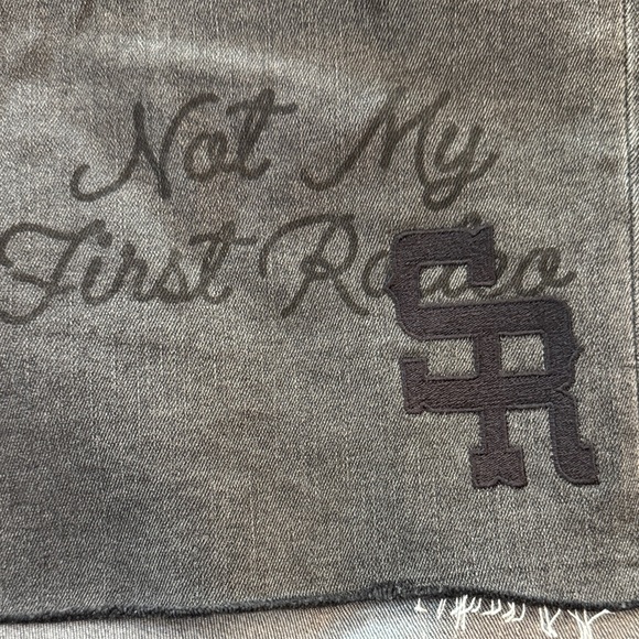 Men's Black Jean Shorts with Embroidered Text - Picture 5 of 8